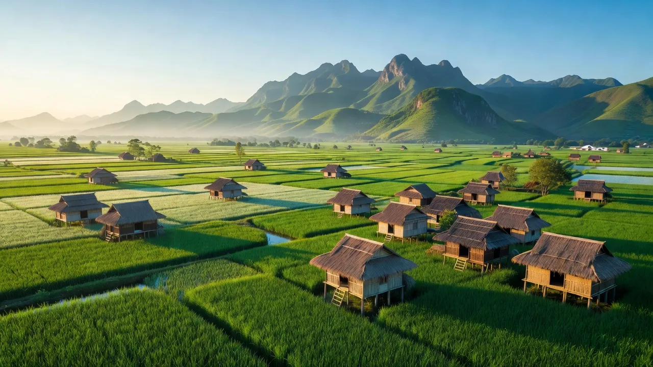 Cảnh quan xã Nà Phòn, huyện Mai Châu, tỉnh Hòa Bình với cánh đồng xanh và nhà sàn truyền thống.