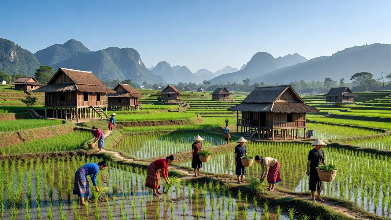 Cảnh sắc Xã Nà Phòn, Huyện Mai Châu, Tỉnh Hòa Bình với kiến trúc Thái và ruộng xanh.