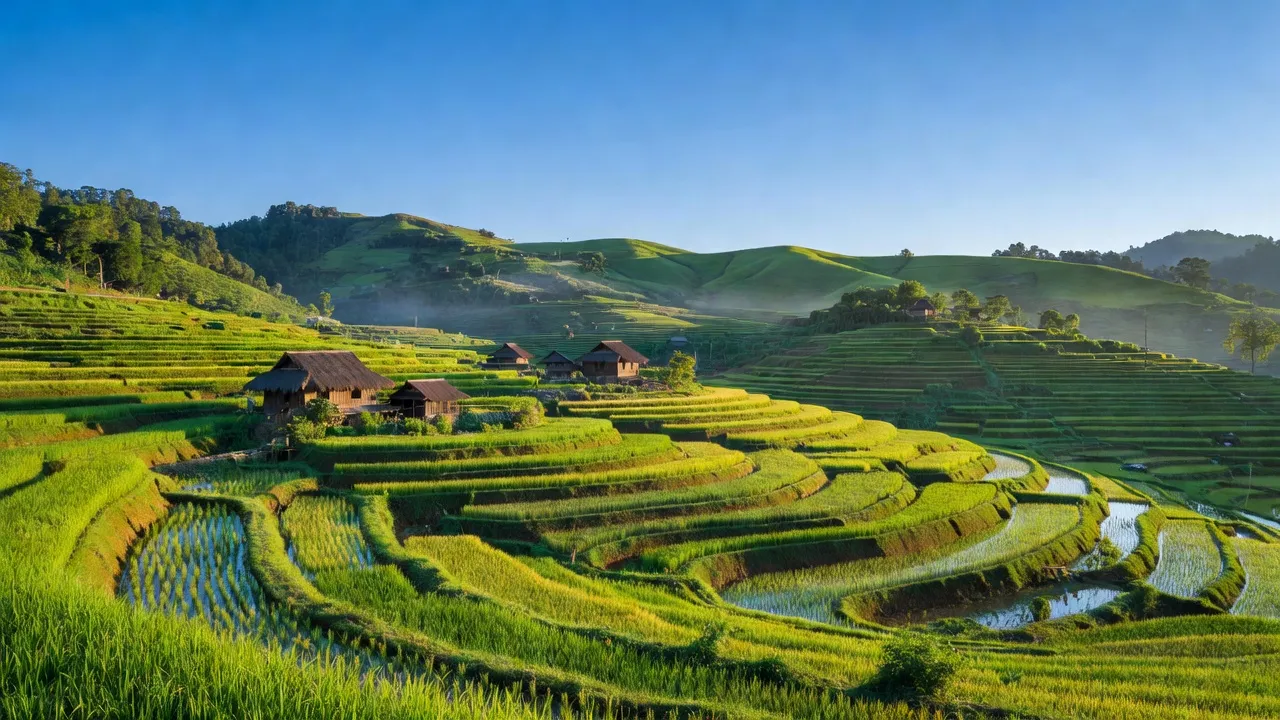 Cảnh đẹp xã Pà Cò, huyện Mai Châu với ruộng bậc thang xanh mát và nhà ở của người Mông.