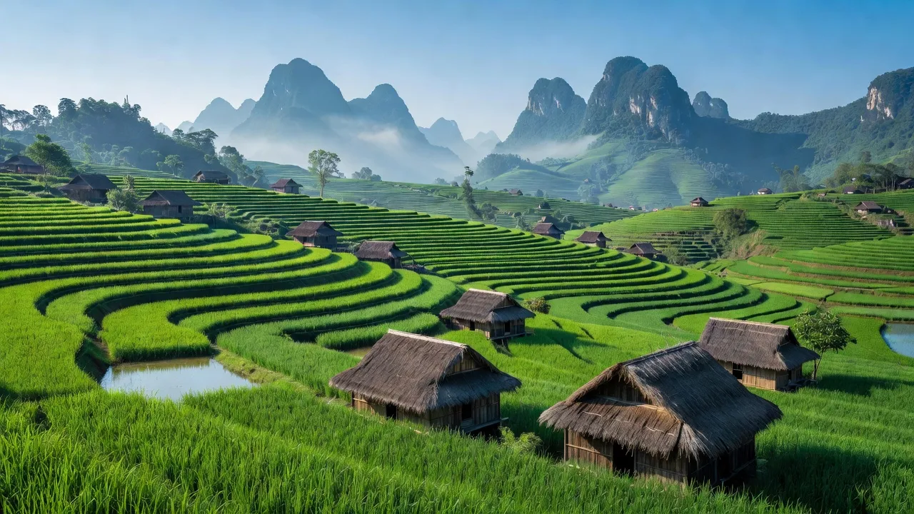 Khung cảnh Pà Cò, Mai Châu với ruộng bậc thang xanh và nhà dân tộc Mông dưới bầu trời trong xanh.