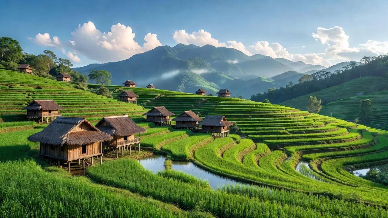Cảnh đẹp Xã Săm Khóe, huyện Mai Châu, Hòa Bình với cánh đồng lúa và núi non hùng vĩ.