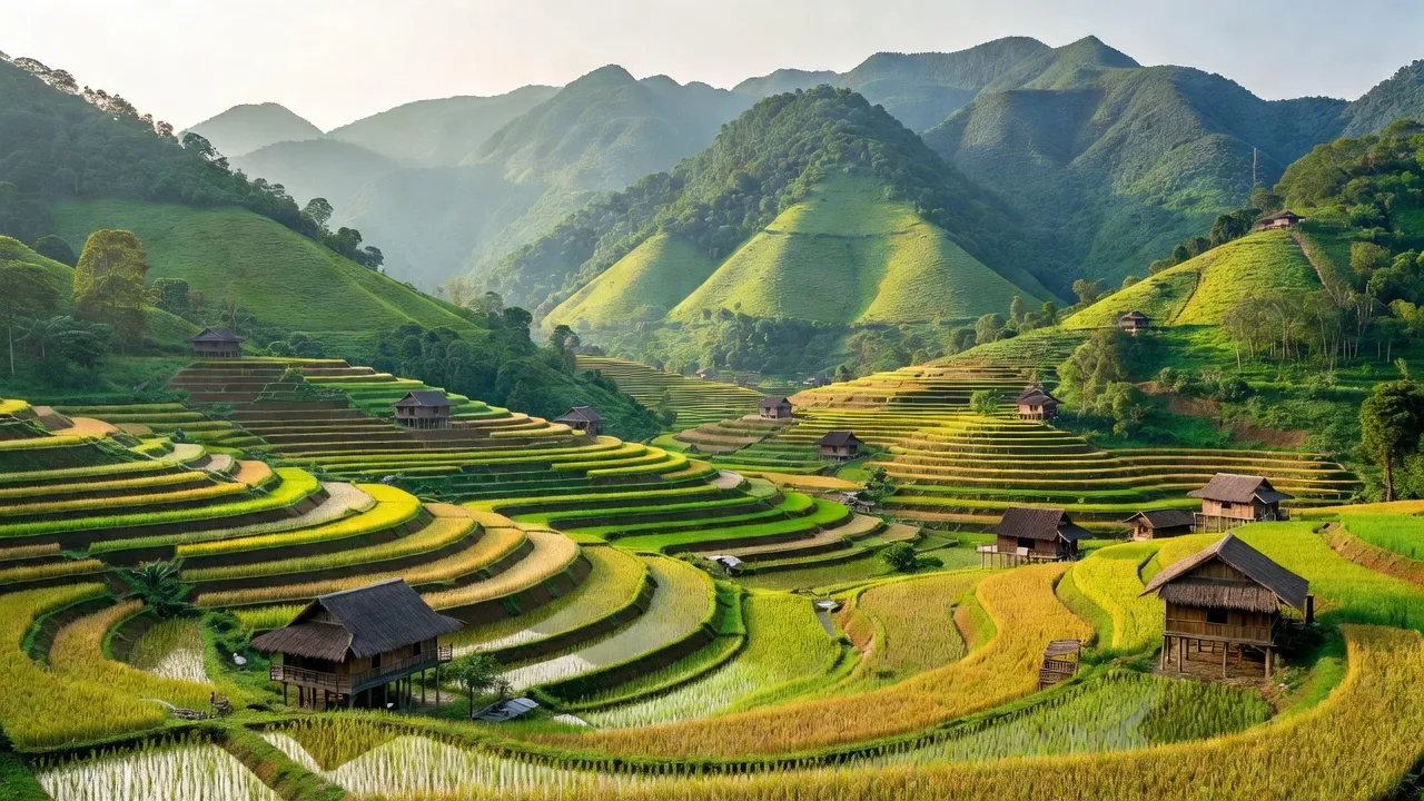 Cảnh quan Xã Săm Khóe, Mai Châu, Hòa Bình với ruộng bậc thang và núi non xanh tươi.