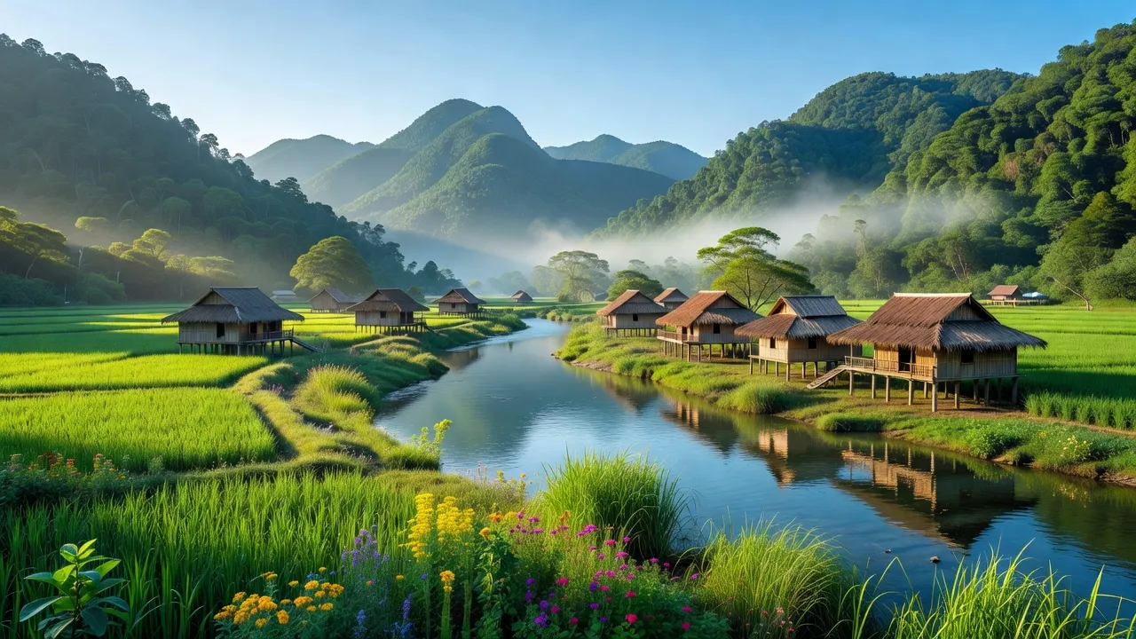 Cảnh đẹp xã Sơn Thủy, Mai Châu, Hòa Bình với núi xanh, sông êm đềm và nhà sàn truyền thống.