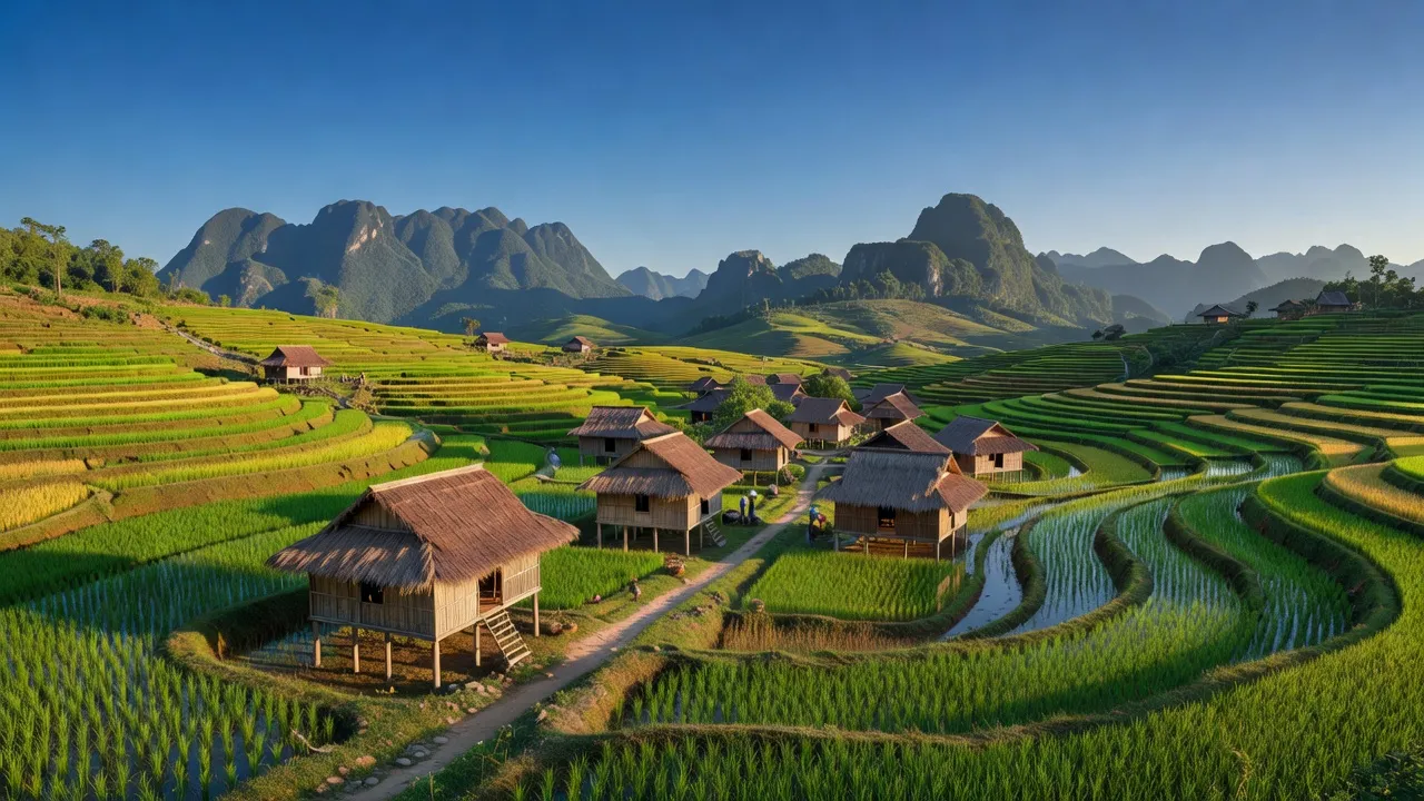 Khung cảnh tuyệt đẹp xã Tân Thành, huyện Mai Châu, tỉnh Hòa Bình với ruộng bậc thang và nhà sàn.