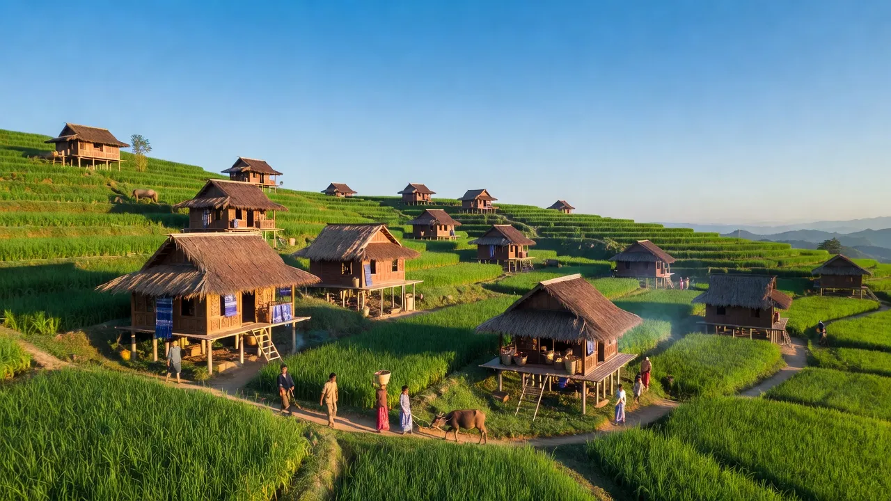 Khung cảnh Xã Tân Thành, Huyện Mai Châu, Tỉnh Hòa Bình với đồi xanh và nhà sàn truyền thống.