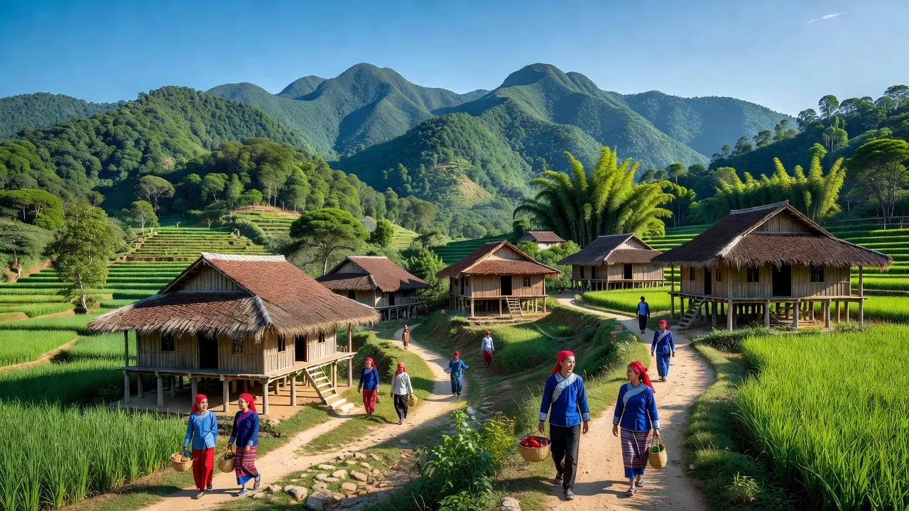 Khung cảnh đẹp của xã Thành Sơn, huyện Mai Châu, tỉnh Hòa Bình với phong cảnh thiên nhiên và nhà sàn truyền thống.