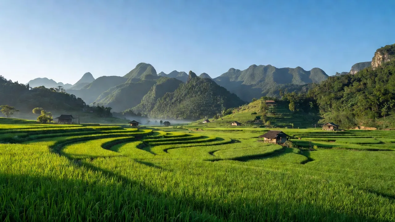 Phong cảnh xã Tòng Đậu, huyện Mai Châu, Hòa Bình với núi non và cánh đồng xanh.