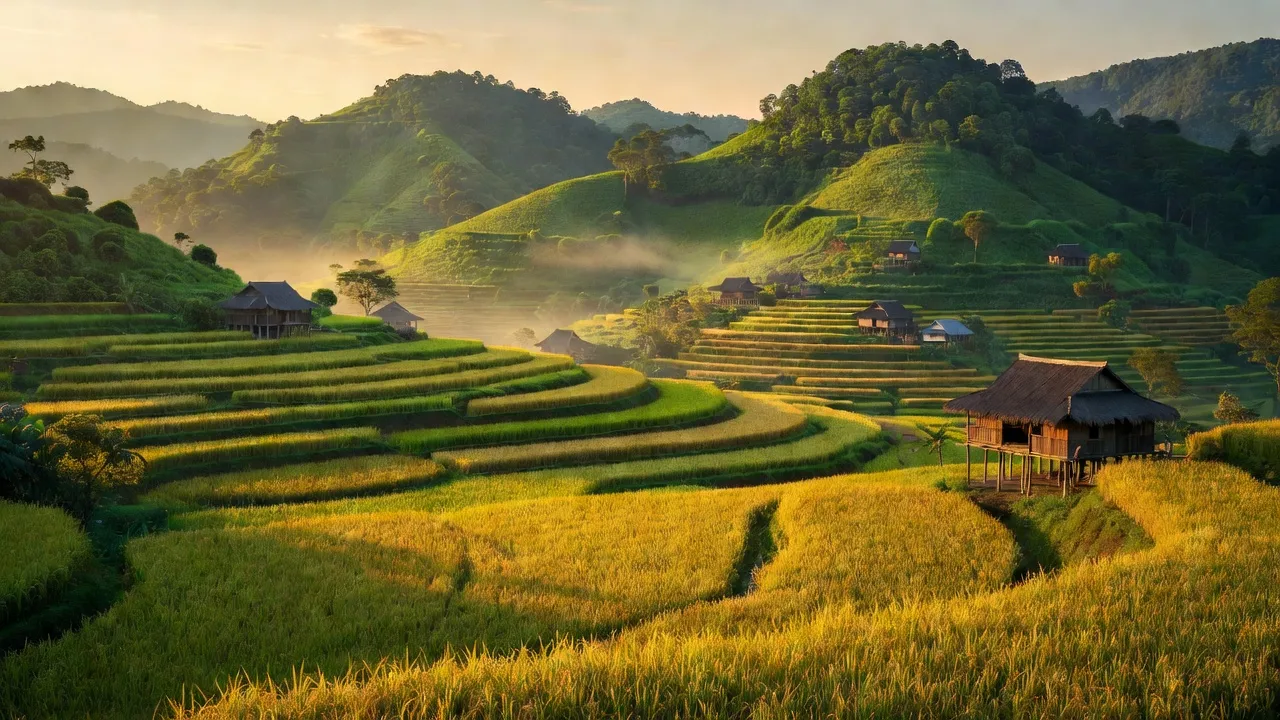 Cảnh quan xã Vạn Mai, huyện Mai Châu, tỉnh Hòa Bình với đồi núi, cánh đồng lúa và nhà truyền thống.