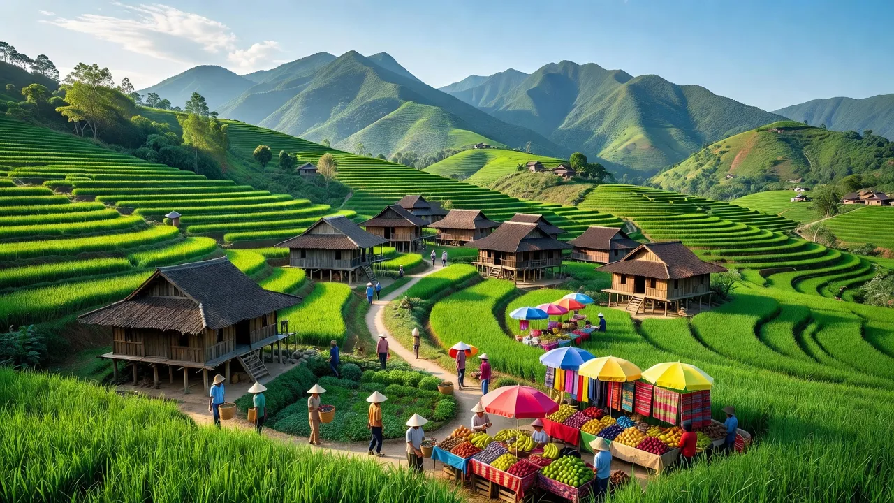 Khung cảnh tuyệt đẹp của xã Vạn Mai, huyện Mai Châu, tỉnh Hòa Bình với núi non và nhà sàn.