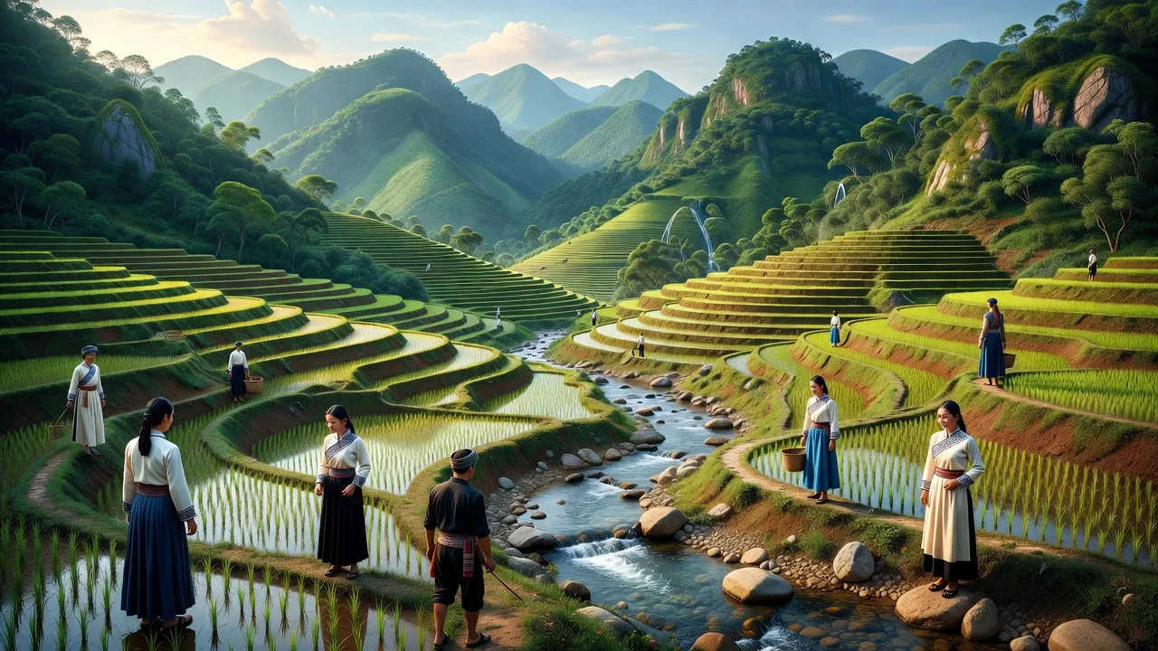 Cảnh quan huyện Tân Lạc, tỉnh Hòa Bình, với núi non, ruộng bậc thang và người Mường.