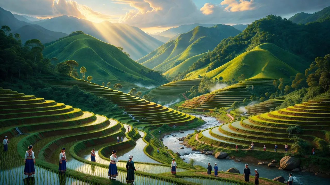 Huyện Tân Lạc, Hòa Bình với núi xanh, ruộng bậc thang và văn hóa người Mường phong phú.