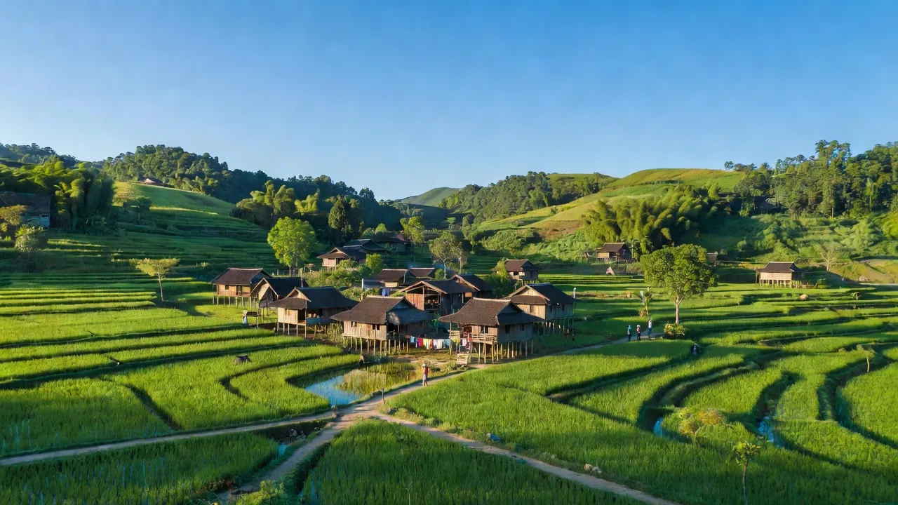 Cảnh đẹp xã Đông Lai, huyện Tân Lạc, tỉnh Hòa Bình với ruộng xanh và nhà truyền thống.