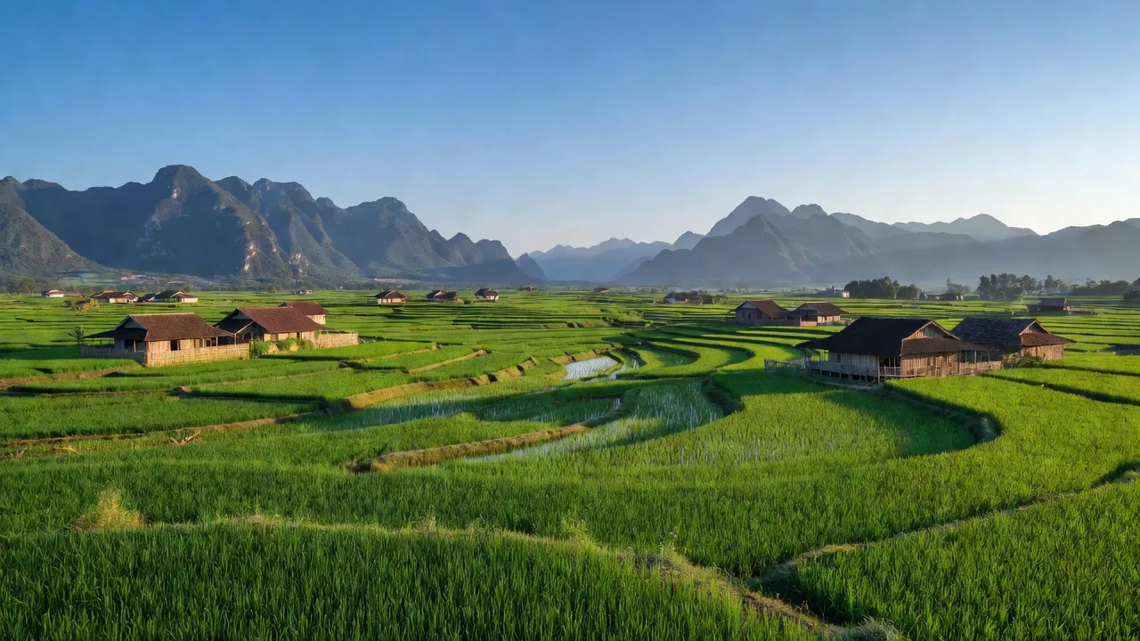 Cảnh quan làng Đông Lai, huyện Tân Lạc, tỉnh Hoà Bình với cánh đồng và nhà cửa.