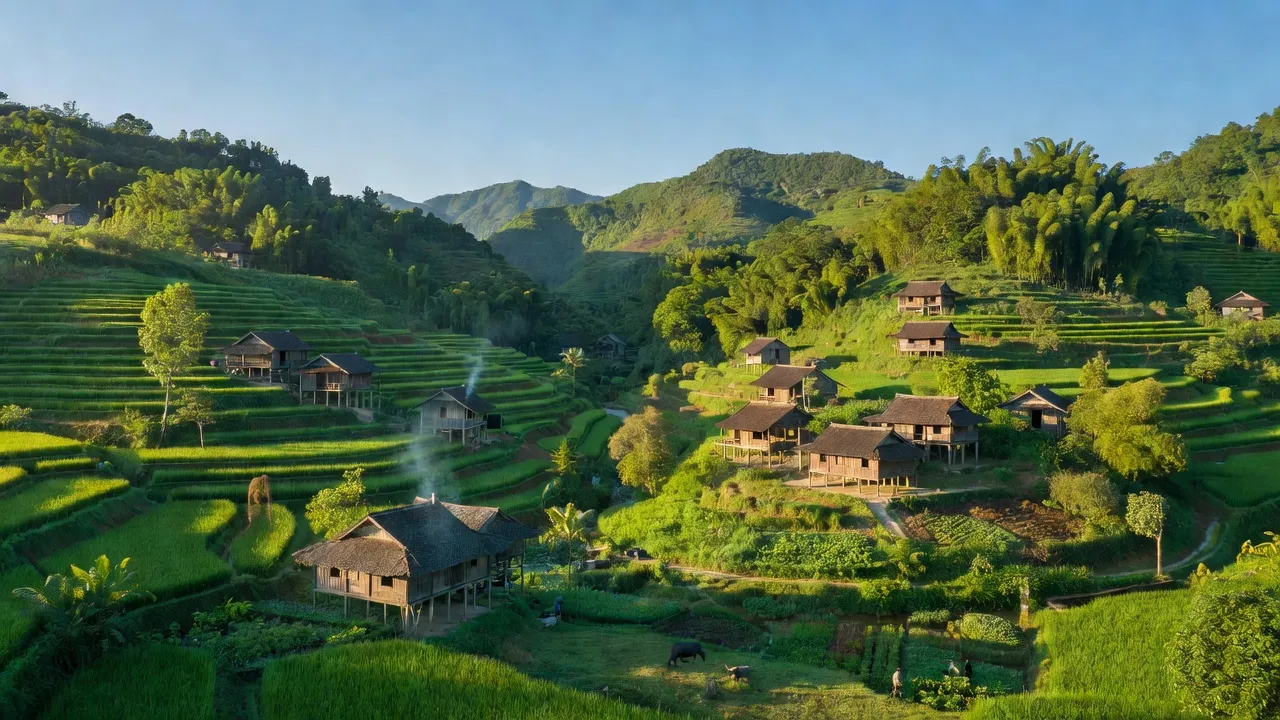 Khung cảnh đồi núi xã Gia Mô, huyện Tân Lạc, tỉnh Hòa Bình với những ngôi nhà truyền thống.