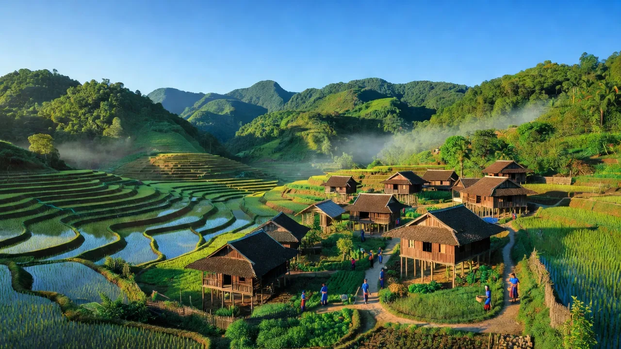 Khung cảnh Xã Lỗ Sơn, huyện Tân Lạc với đồi núi xanh mát và làng quê truyền thống Việt Nam.
