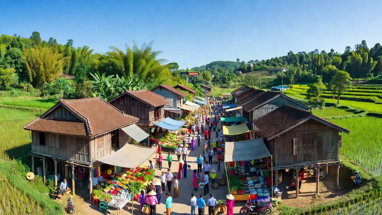 Thị trấn Mãn Đức ở huyện Tân Lạc, tỉnh Hòa Bình với cảnh quan xanh tươi và kiến trúc truyền thống.