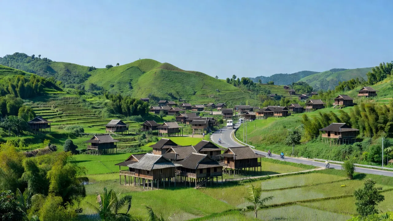 Tổng quan thị trấn Mãn Đức, huyện Tân Lạc, tỉnh Hòa Bình với phong cảnh xanh tươi.
