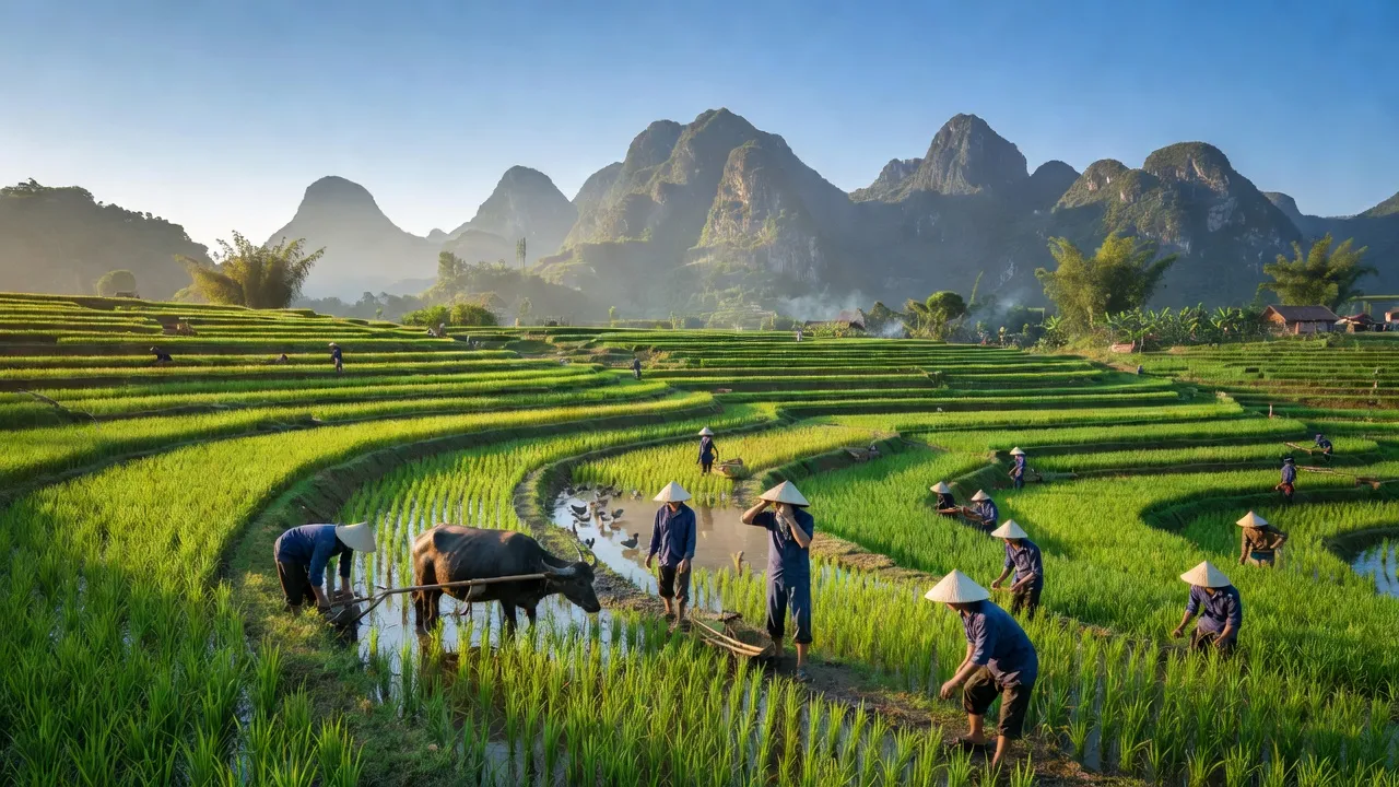 Cảnh sắc tại xã Mỹ Hòa, huyện Tân Lạc, Hòa Bình với cánh đồng xanh, núi và bầu trời trong.