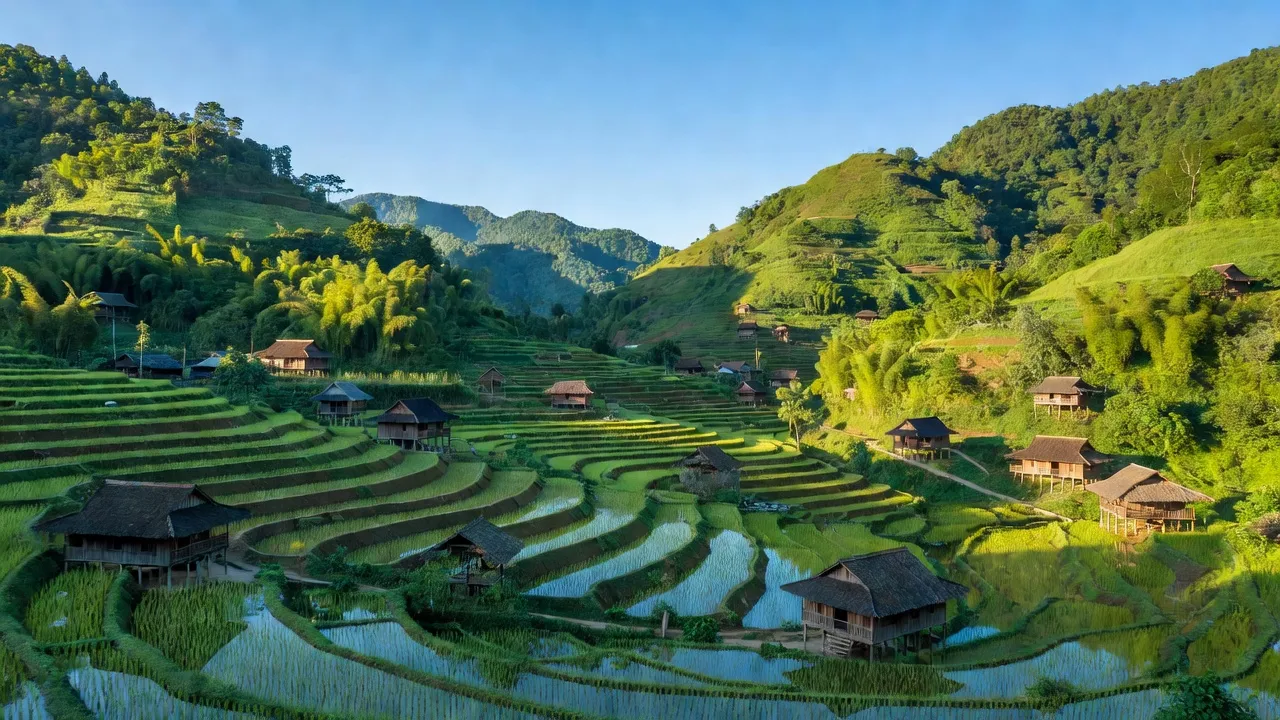 Cảnh đẹp xã Ngổ Luông, huyện Tân Lạc, tỉnh Hòa Bình với đồi núi xanh tươi và nhà sàn truyền thống.