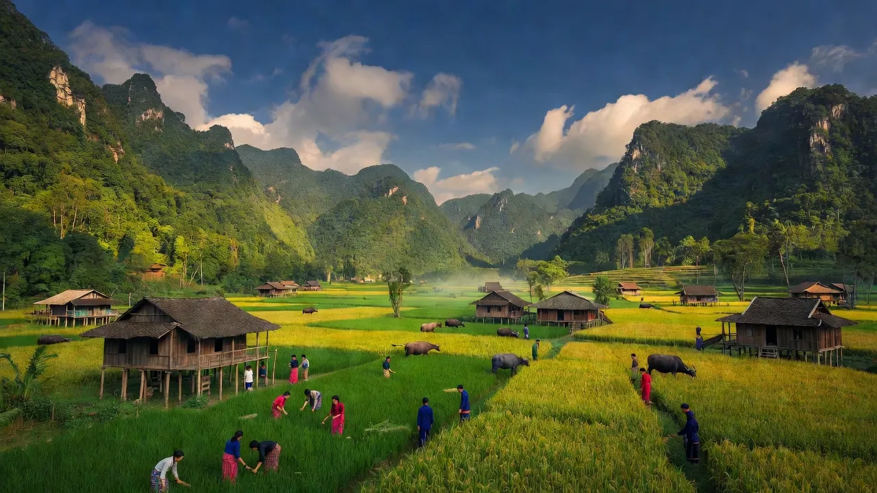 Khung cảnh thiên nhiên xã Ngổ Luông, Hòa Bình với núi non hùng vĩ và nhà sàn truyền thống.