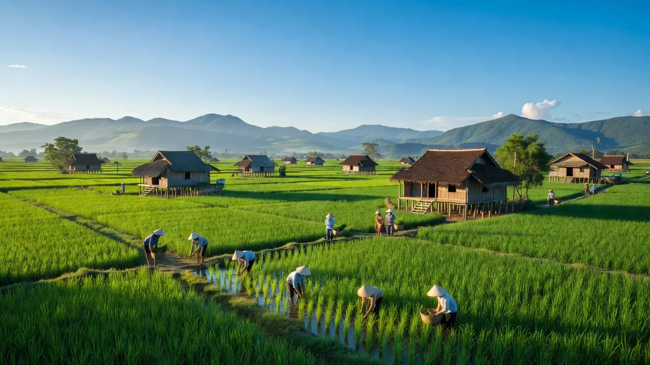 Cảnh đẹp xã Ngọc Mỹ, huyện Tân Lạc, tỉnh Hòa Bình, cánh đồng xanh và bầu trời trong.