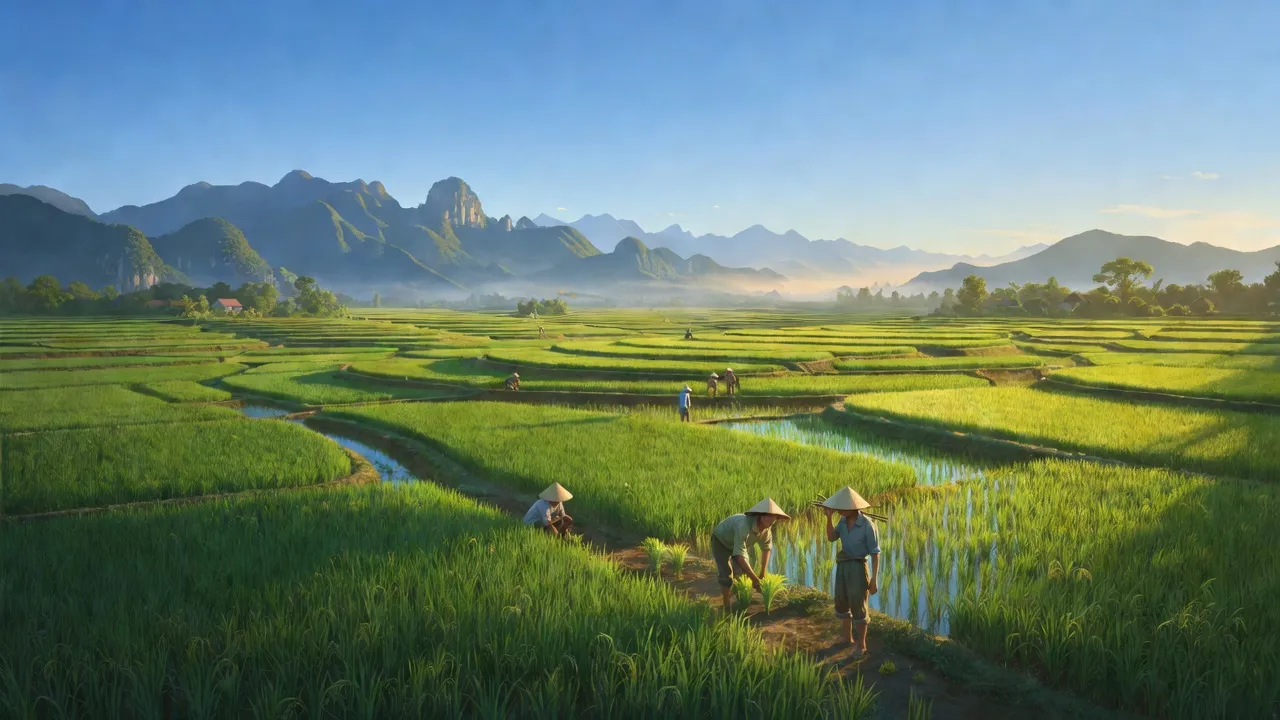 Phong cảnh xã Ngọc Mỹ, huyện Tân Lạc, tỉnh Hòa Bình với cánh đồng xanh và núi xa.