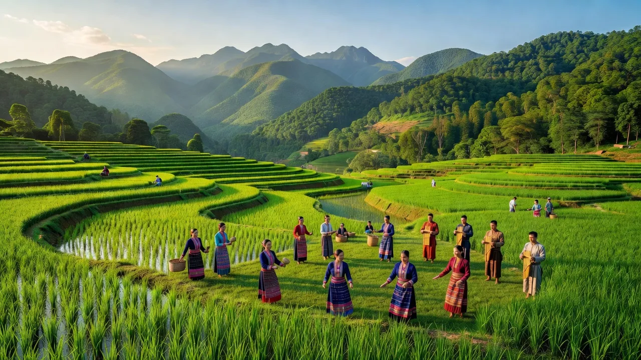 Khung cảnh thiên nhiên xã Nhân Mỹ huyện Tân Lạc, tỉnh Hòa Bình với các hoạt động văn hóa người Mường.