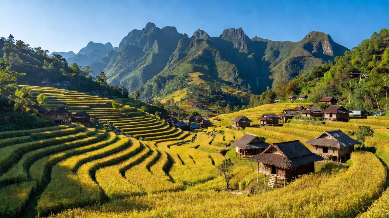 Khung cảnh xã Phong Phú, huyện Tân Lạc, tỉnh Hòa Bình với núi non và ruộng bậc thang.