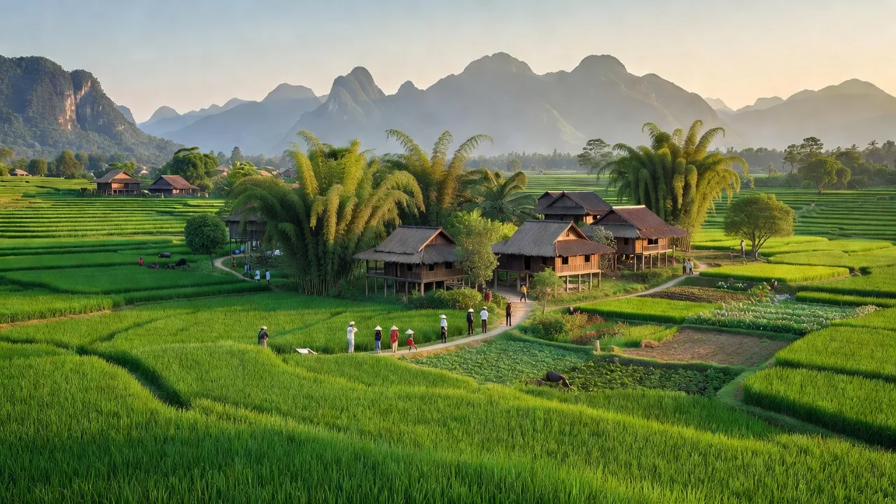 Phong Phú village in Tan Lạc, Hòa Bình, showcasing green fields and traditional houses, reflecting rural life.
