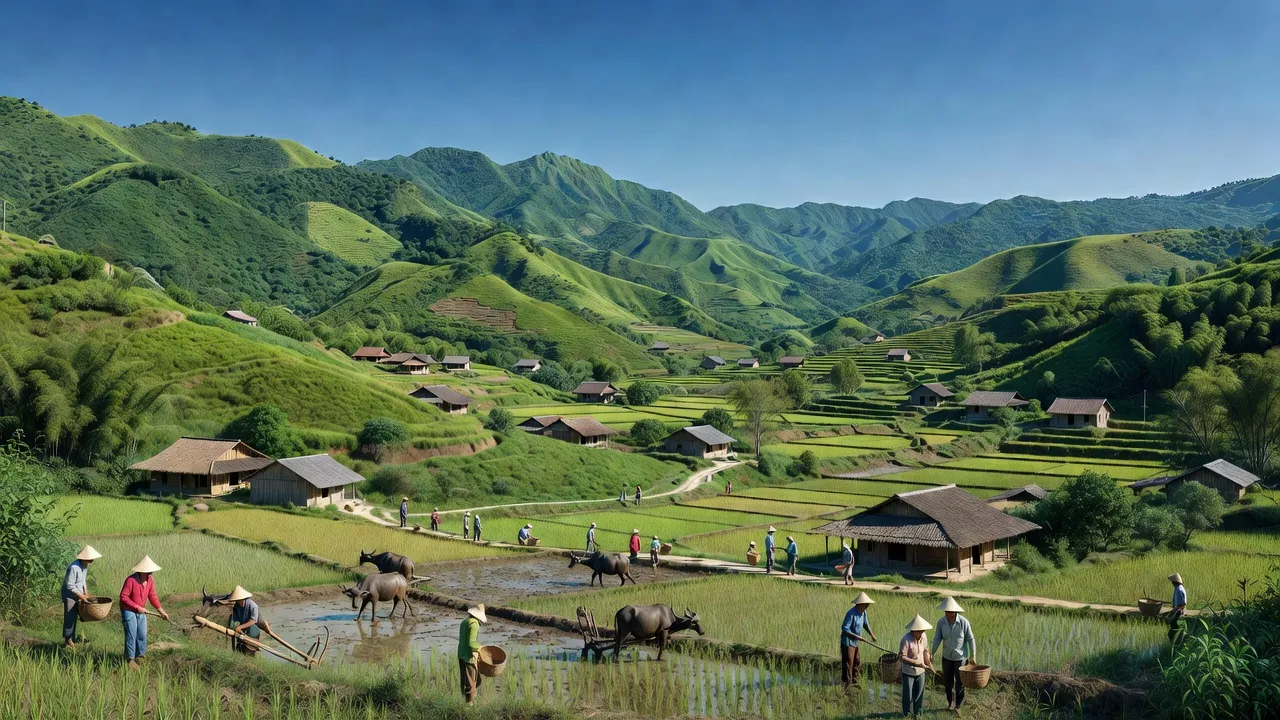 Khung cảnh xã Phú Cường, huyện Tân Lạc, tỉnh Hoà Bình với địa hình đồi núi xanh và nhà cửa.
