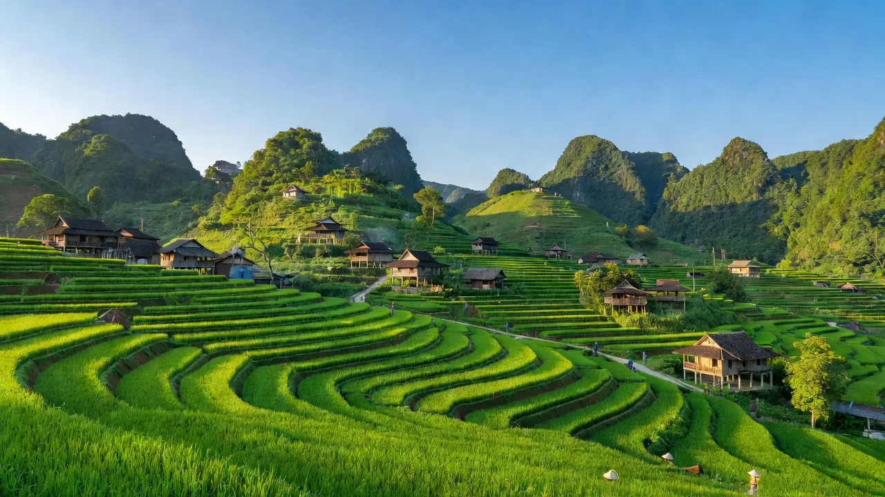 Khung cảnh xã Phú Vinh, huyện Tân Lạc, tỉnh Hòa Bình với đồi núi xanh và nhà truyền thống.