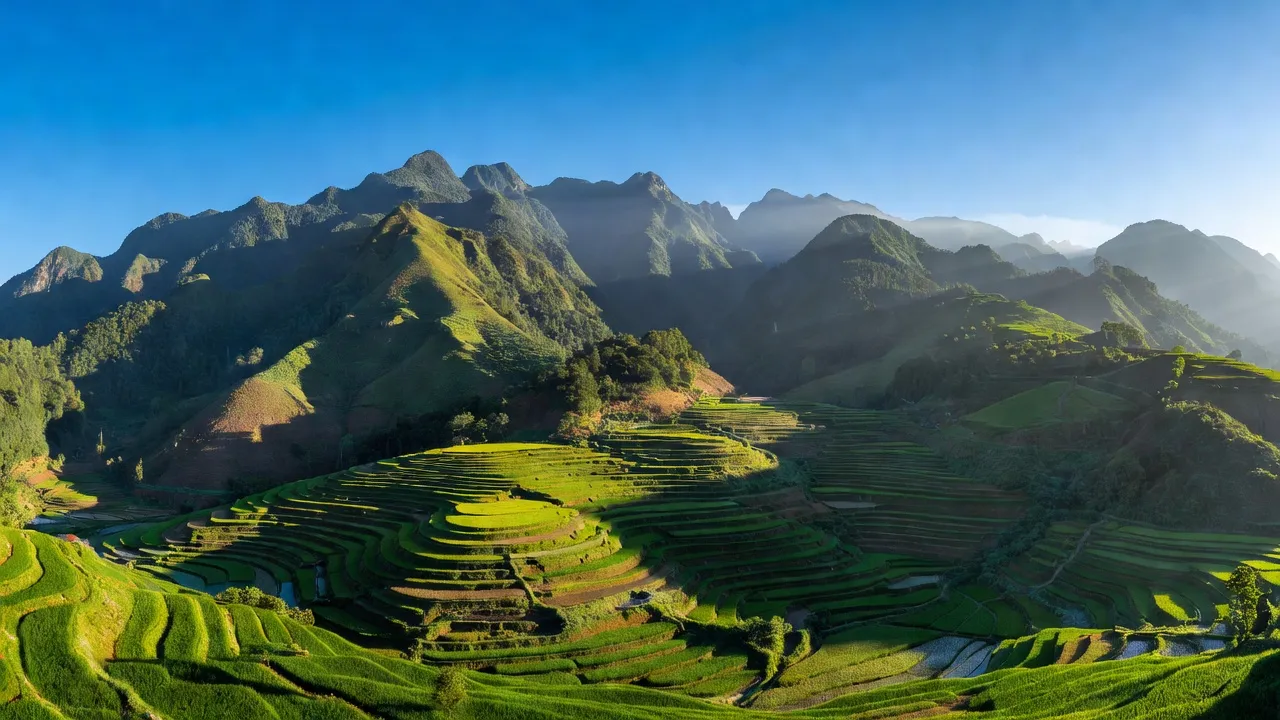 Cảnh quan xã Quyết Chiến, huyện Tân Lạc, tỉnh Hòa Bình với đồi núi và ruộng bậc thang.