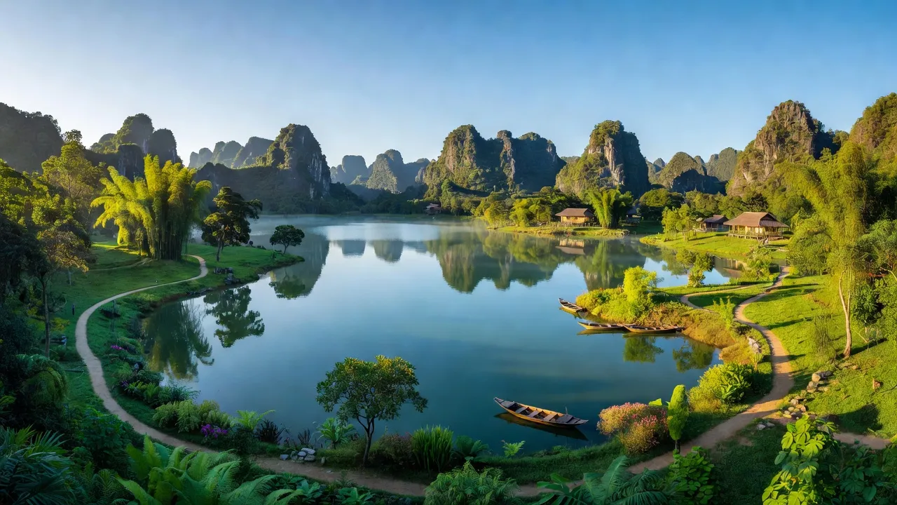 Cảnh quan xã Suối Hoa, huyện Tân Lạc, tỉnh Hoà Bình với hồ và núi đá vôi, du lịch sinh thái.