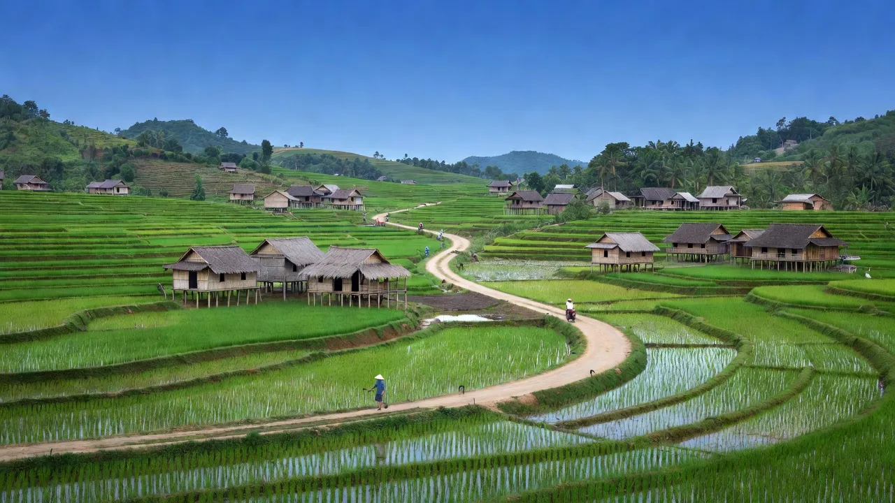 Cảnh quan Xã Thanh Hối, Huyện Tân Lạc, Tỉnh Hòa Bình với cánh đồng xanh và nhà truyền thống.