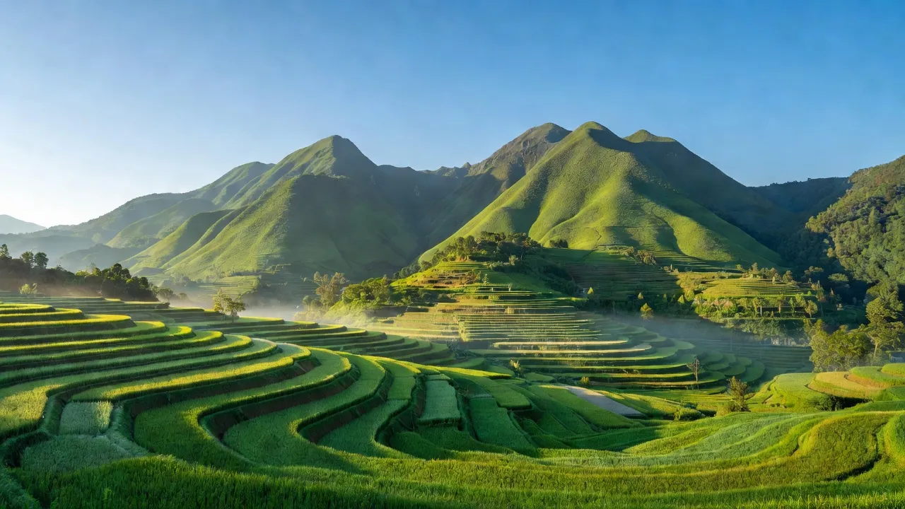 Khung cảnh xã Vân Sơn, huyện Tân Lạc, tỉnh Hòa Bình với núi và ruộng bậc thang.