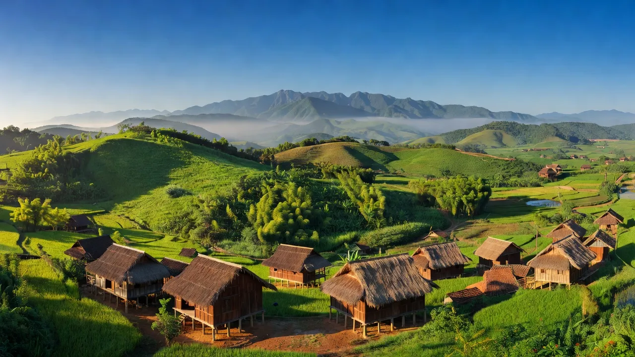 Khung cảnh tươi đẹp của Xã Bảo Hiệu, Huyện Yên Thủy, Tỉnh Hòa Bình với đồi xanh và nhà truyền thống.