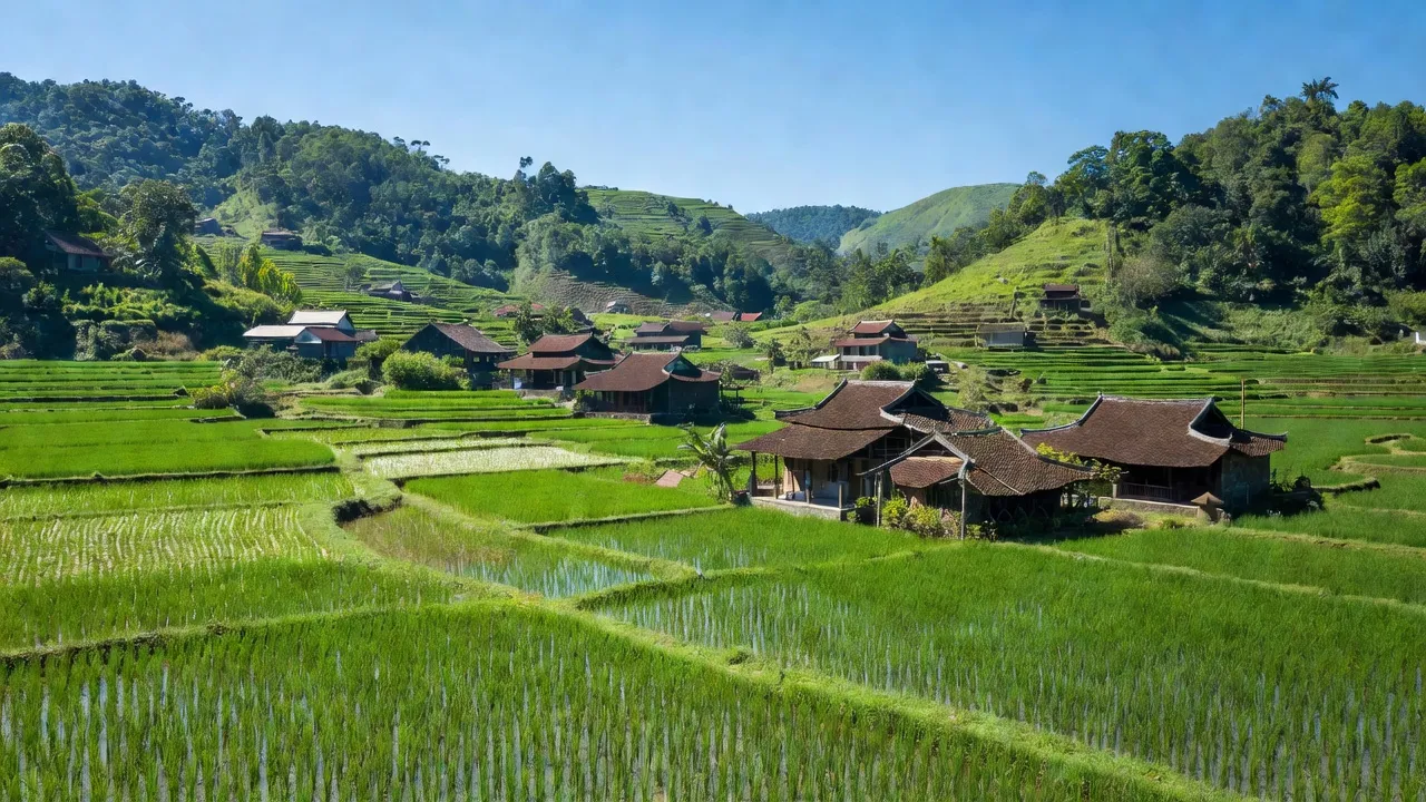 Khung cảnh Xã Đa Phúc, huyện Yên Thủy, tỉnh Hòa Bình với các cánh đồng xanh và nhà truyền thống.