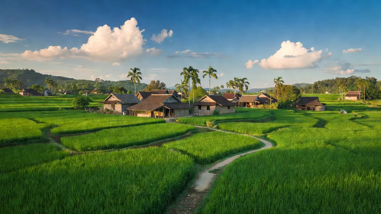 Khung cảnh Xã Đa Phúc, huyện Yên Thủy, tỉnh Hòa Bình với cánh đồng xanh và nhà truyền thống.