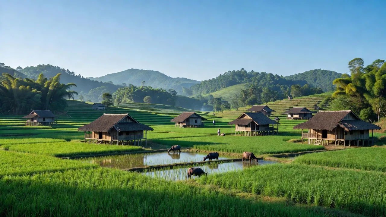 Khung cảnh Xã Đoàn Kết, Huyện Yên Thủy, Tỉnh Hòa Bình với cánh đồng xanh tươi và nhà truyền thống.