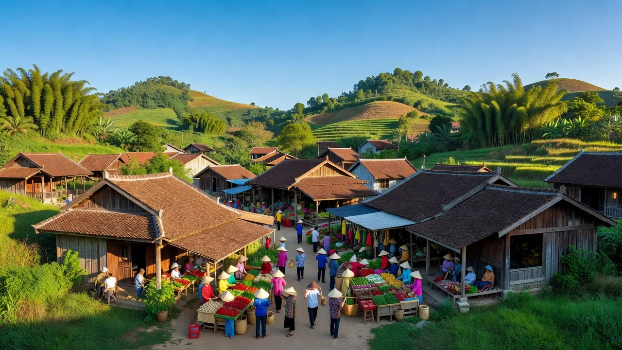 Khung cảnh thị trấn Hàng Trạm, huyện Yên Thủy, tỉnh Hòa Bình với chợ truyền thống và đồi xanh.