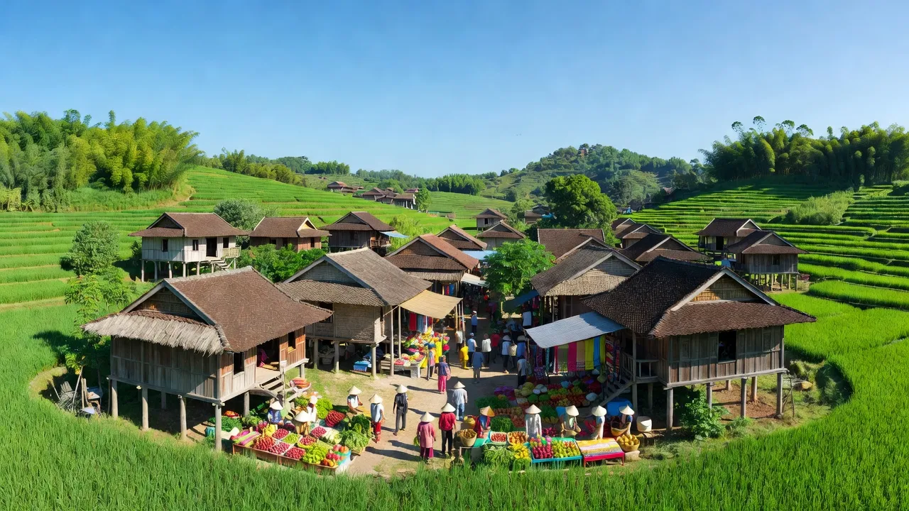 Khung cảnh tuyệt đẹp thị trấn Hàng Trạm, huyện Yên Thủy, tỉnh Hòa Bình với nhà truyền thống và chợ nhộn nhịp.