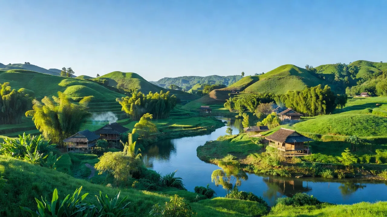 Khung cảnh bình yên tại xã Hữu Lợi, huyện Yên Thủy, tỉnh Hòa Bình với đồi núi xanh tươi.