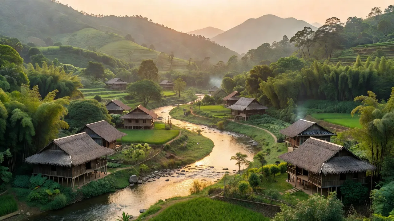 Khung cảnh yên bình xã Hữu Lợi, Yên Thủy, Hòa Bình với núi non và sông nước tươi đẹp.