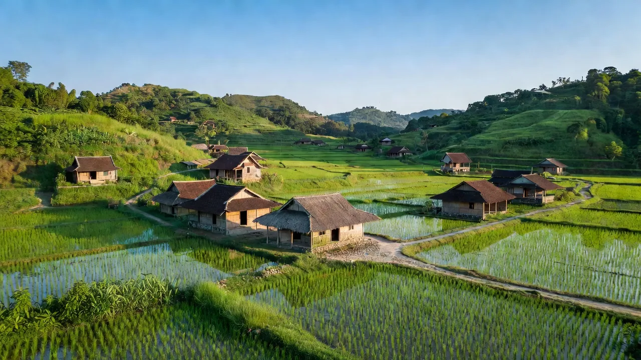 Khung cảnh thanh bình xã Lạc Sỹ, huyện Yên Thủy, tỉnh Hòa Bình với cánh đồng xanh tươi.