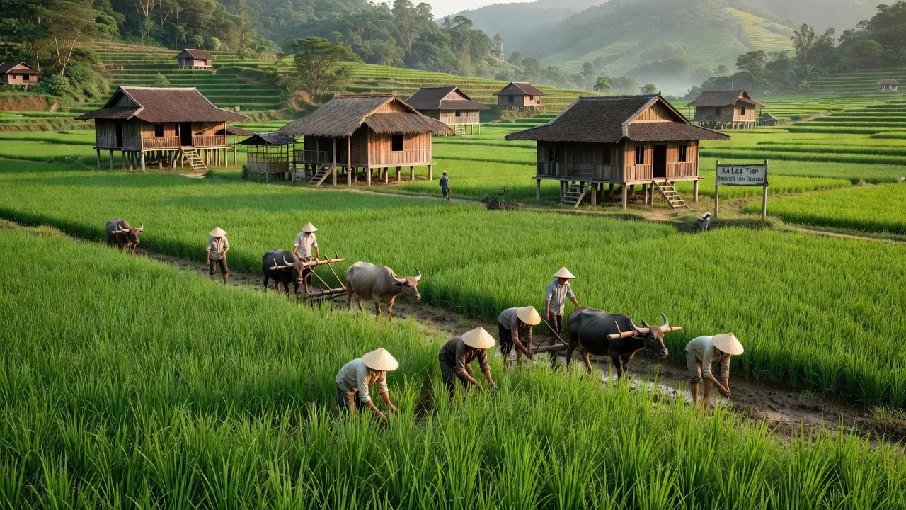 Cánh đồng xanh tươi ở xã Lạc Thịnh, huyện Yên Thủy, tỉnh Hòa Bình, với nhà cửa và người dân địa phương.