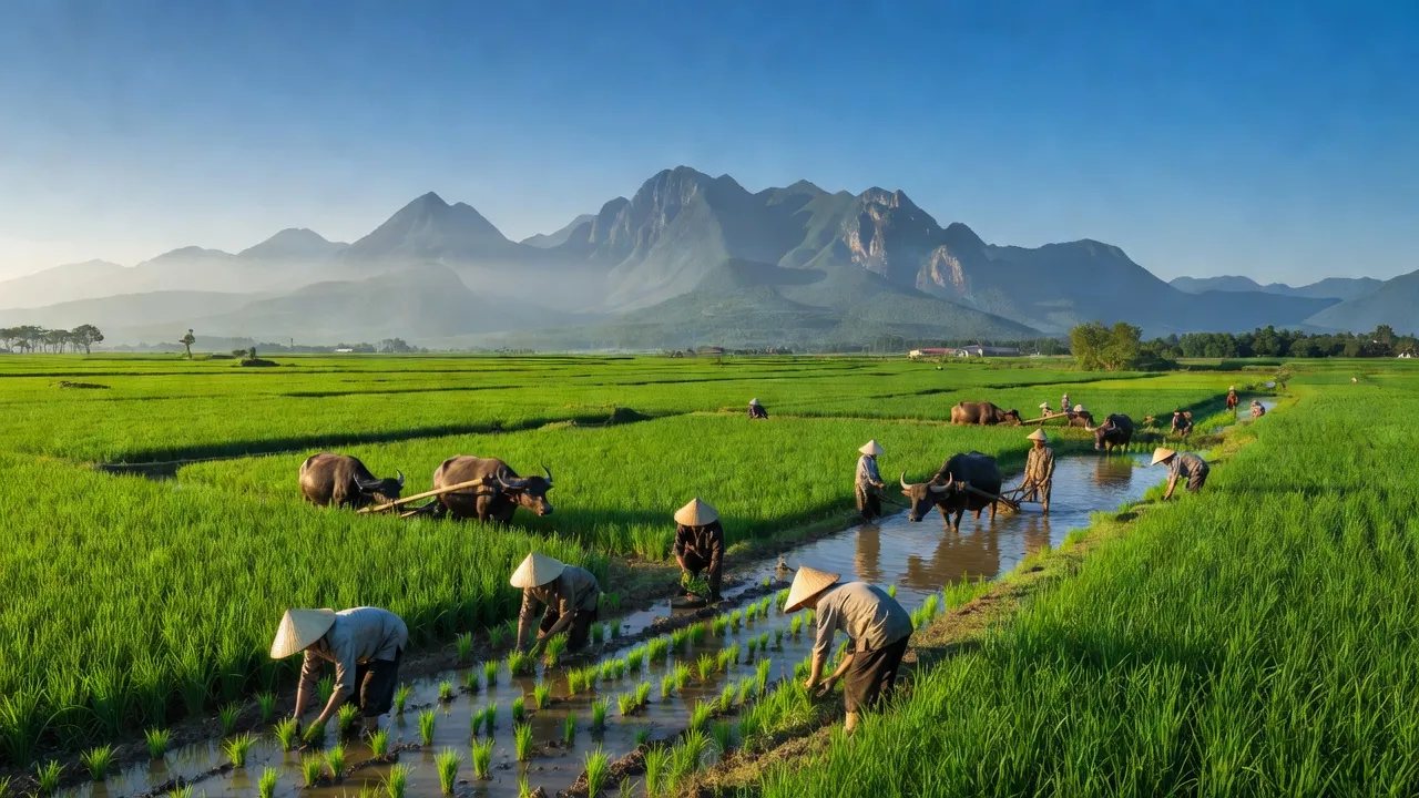 Khung cảnh xã Lạc Thịnh, huyện Yên Thủy, tỉnh Hòa Bình với cánh đồng xanh và nông dân làm việc.