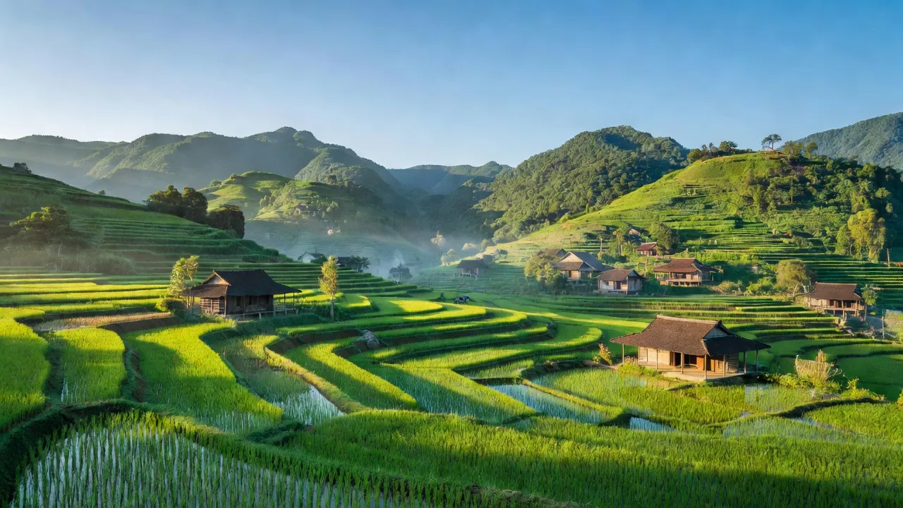 Khung cảnh yên bình của Ngọc Lương, Yên Thủy, Hòa Bình với núi xanh và ruộng bậc thang.