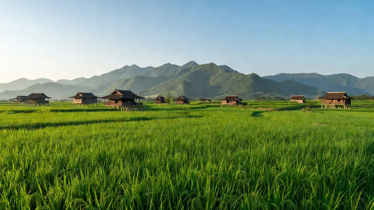 Cảnh sắc Xã Phú Lai, huyện Yên Thủy, Hòa Bình với đồng xanh và núi non hùng vĩ.