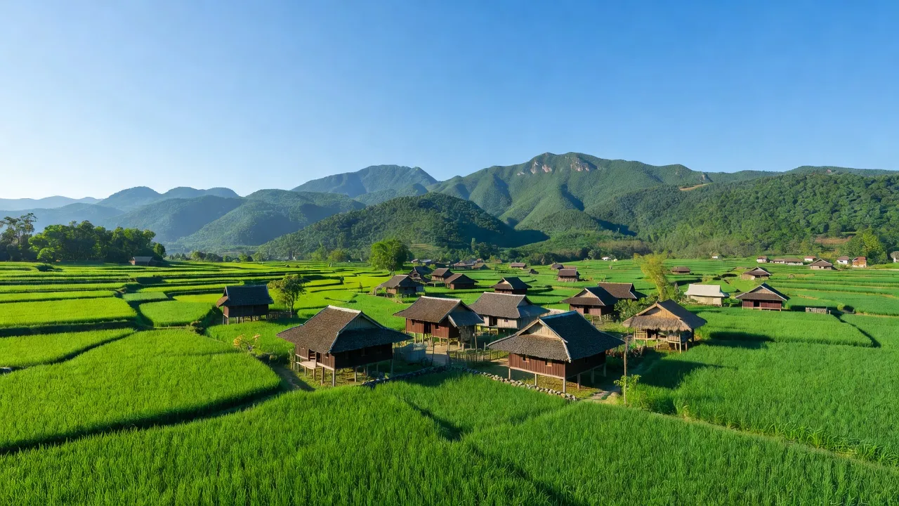 Cảnh sắc Xã Phú Lai, huyện Yên Thủy, tỉnh Hòa Bình với thiên nhiên xanh tươi và nhà truyền thống.