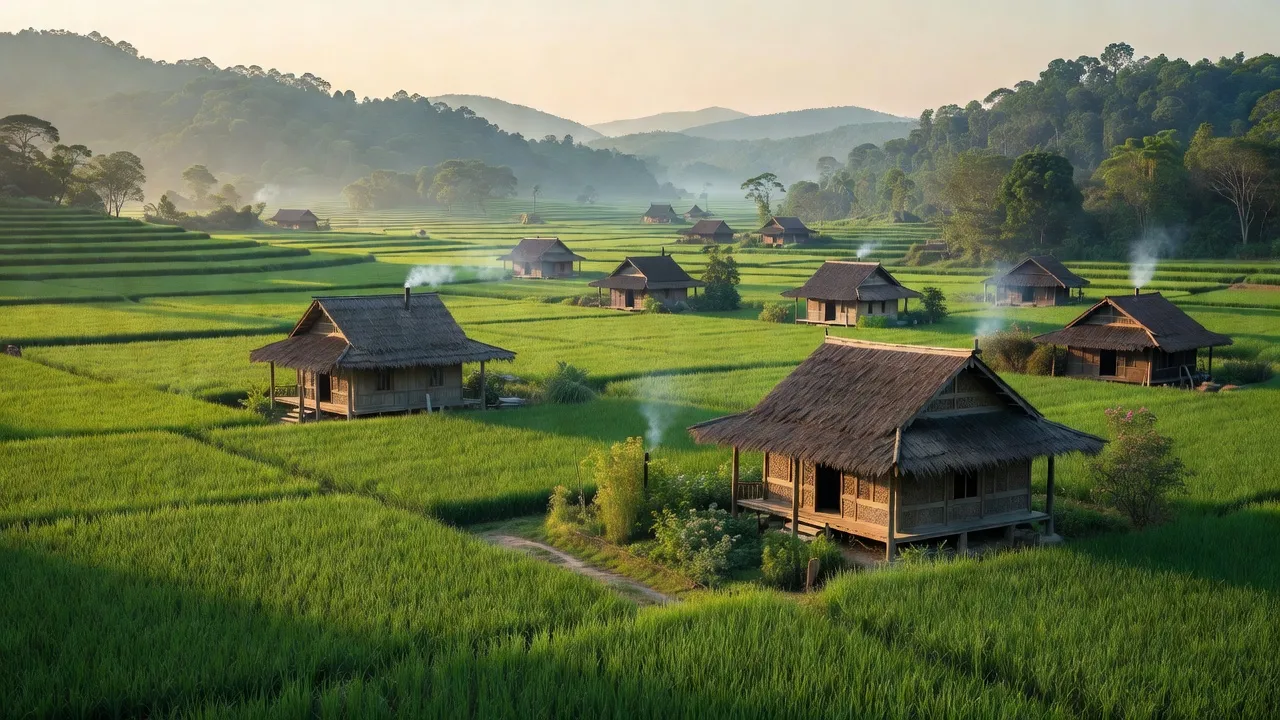 Cảnh quan xã Yên Trị, Yên Thủy, Hòa Bình với cánh đồng và nhà của người Mường.